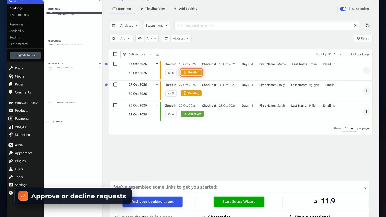 Booking Calendar bookings list in the WordPress admin with pending and approved bookings to approve or decline