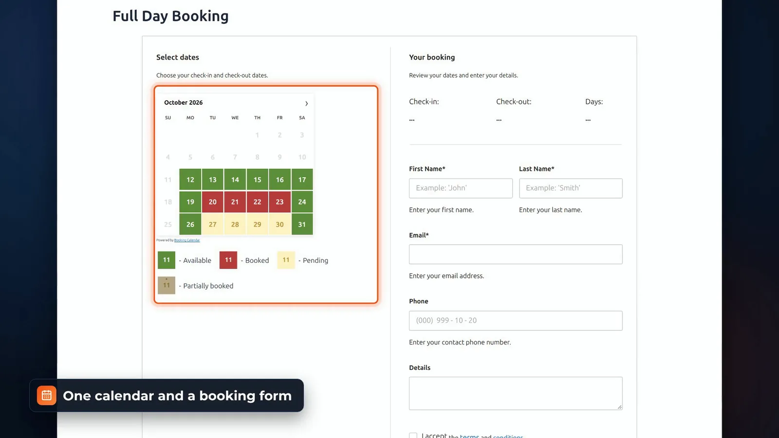 Booking Calendar full day booking page with one availability calendar and a booking form