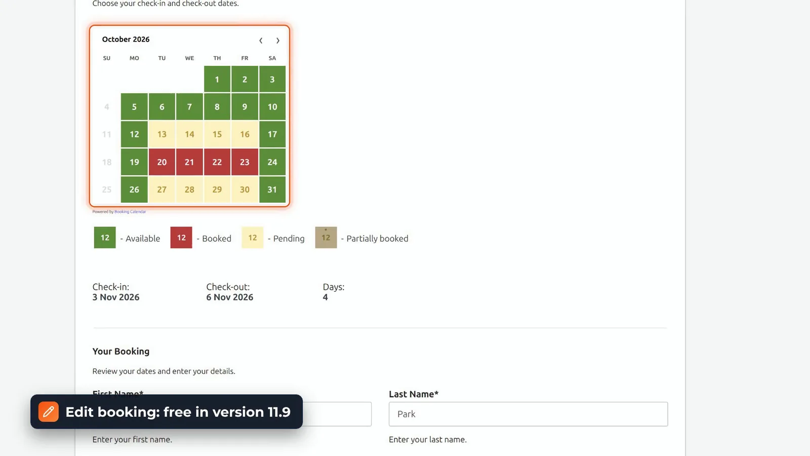 Booking Calendar edit booking calendar in the admin with booked days blocked while moving a booking