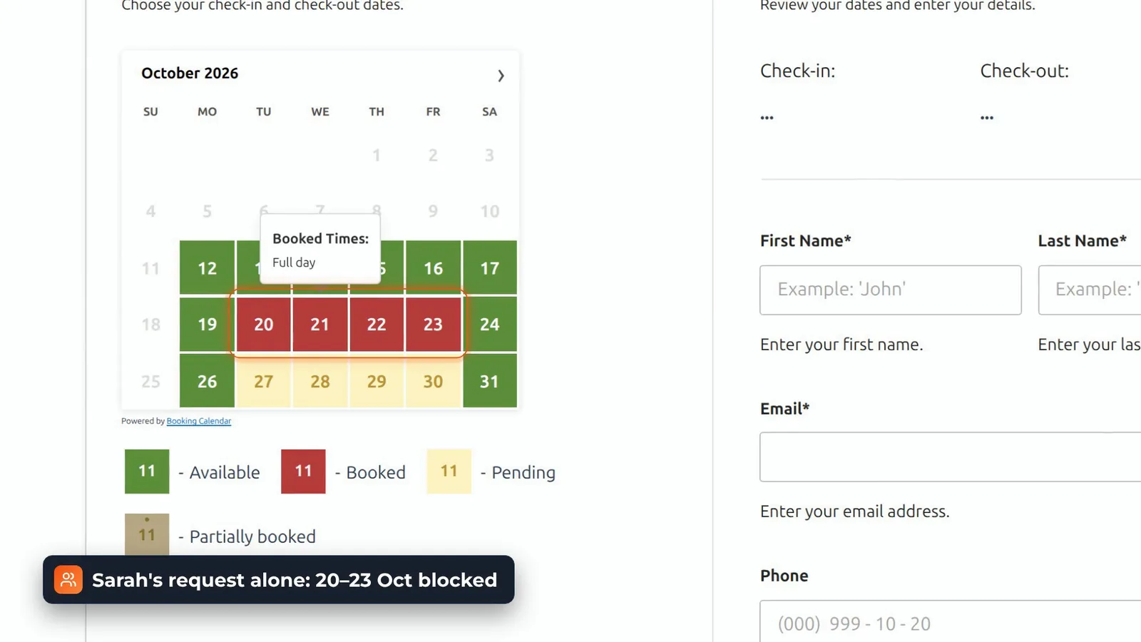 Booking Calendar with 20 to 23 October blocked as booked after a single booking request