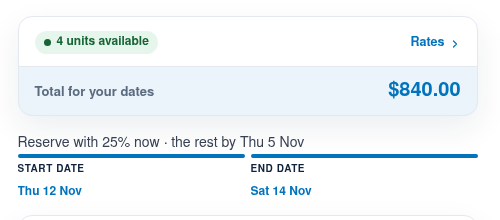 The product price box for a frame tent showing a total of 840 dollars for the chosen dates, with the line Reserve with 25 percent now, the rest by Thu 5 Nov under it