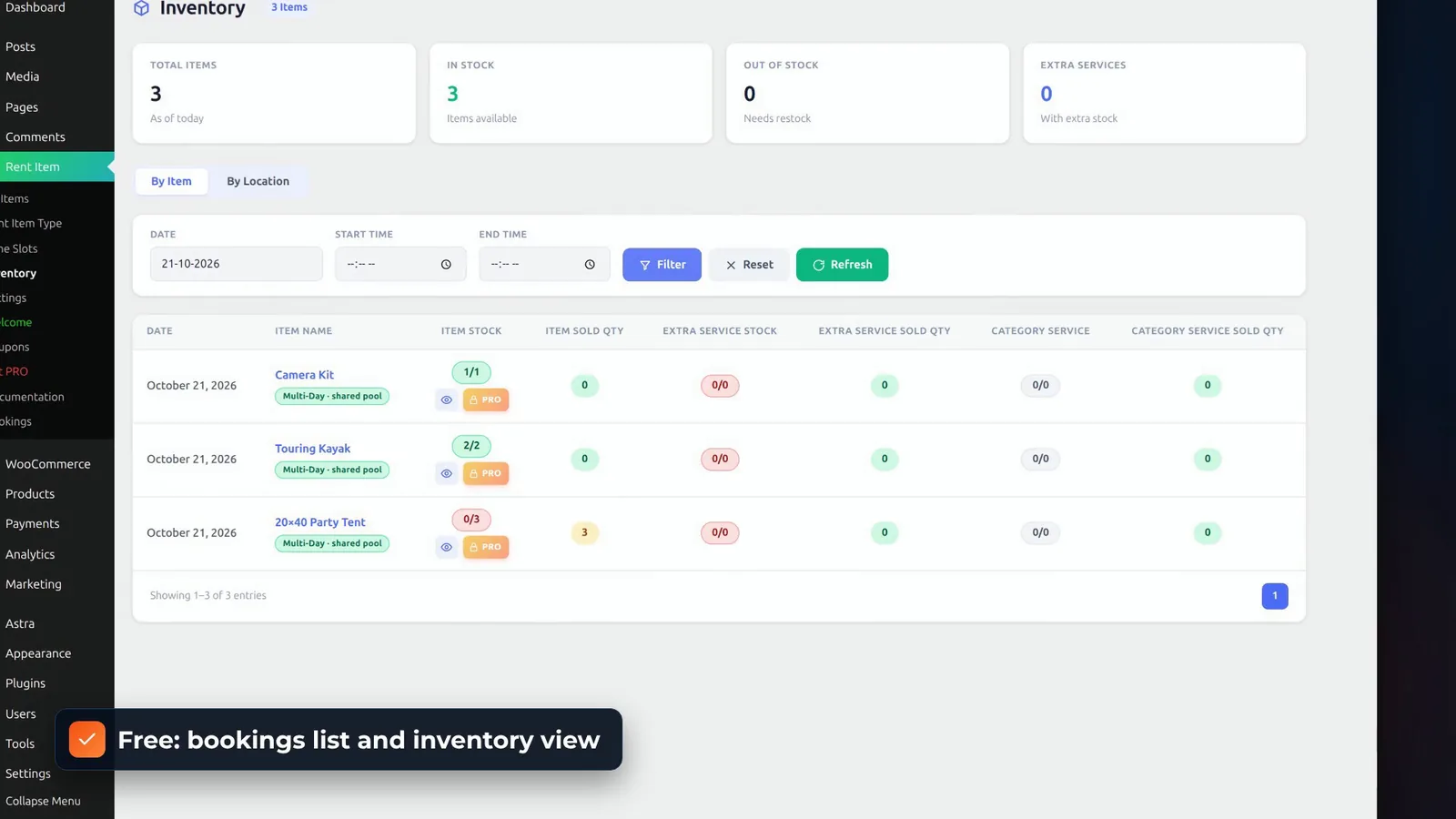 Booking and Rental Manager inventory screen in the admin showing items sold per date