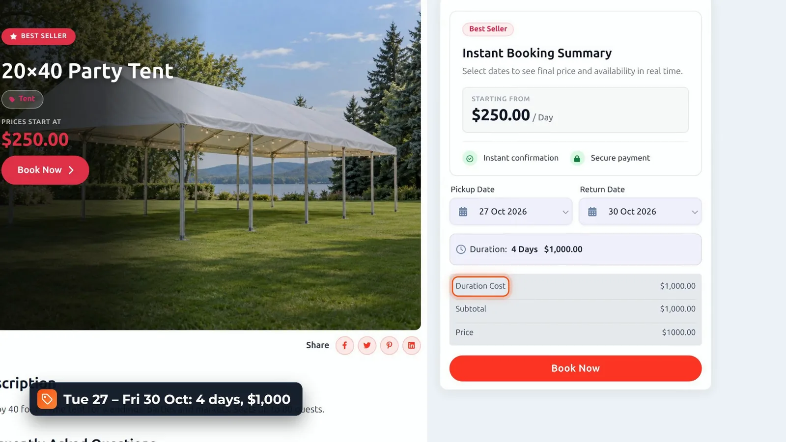 Booking and Rental Manager booking summary for the party tent: pick-up 27 October, return 30 October, duration 4 days, ,000
