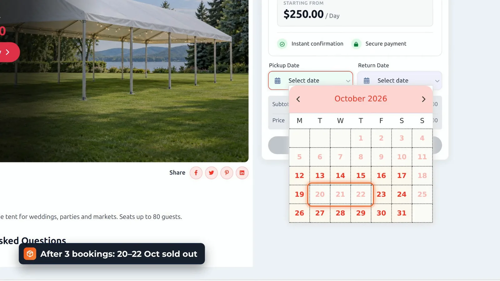 Booking and Rental Manager date picker with 20 to 22 October greyed out as sold out after three bookings