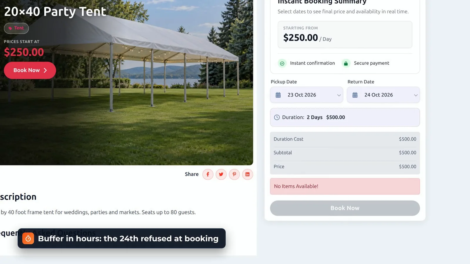 Booking and Rental Manager refusing a booking from 23 to 24 October with the message No items Available