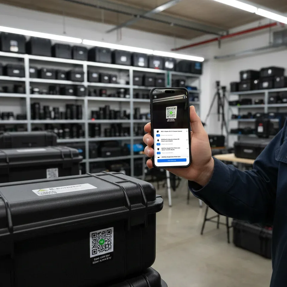 A phone running the Booqable app scans a QR code on an equipment case in a camera rental store room