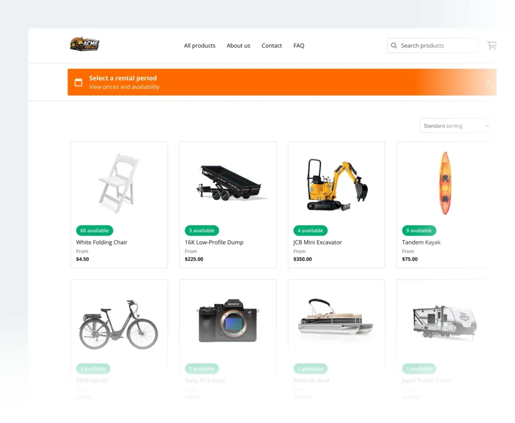 A Booqable booking page for a sample rental shop with a rental period bar and products showing how many are available