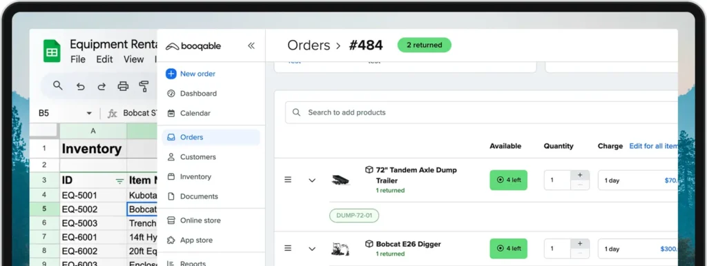 A Booqable order with two returned items and the stock left of each product, next to an inventory spreadsheet