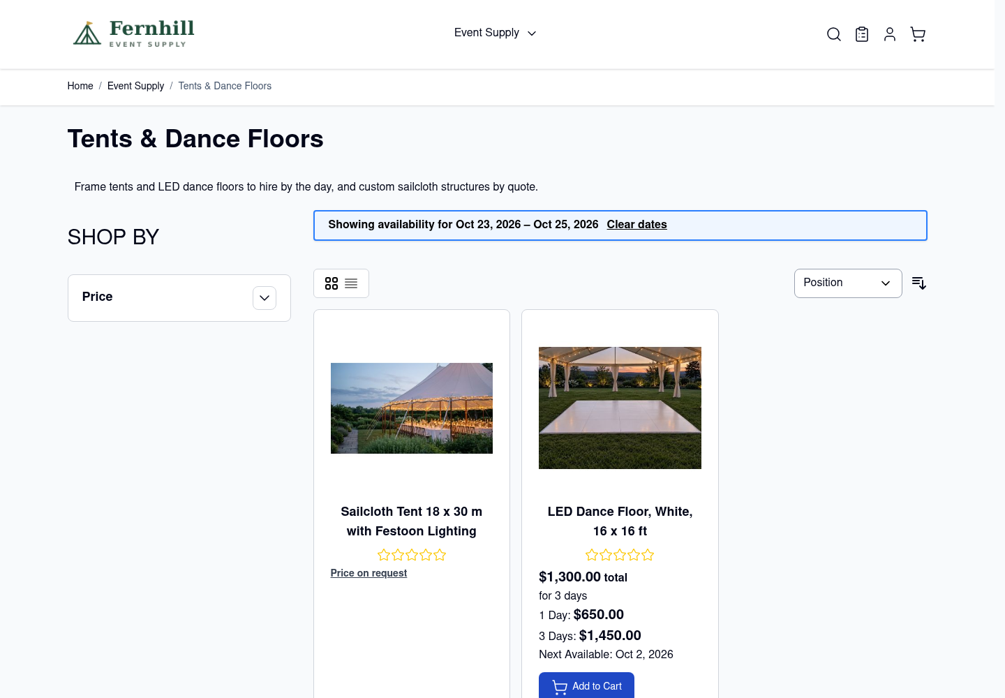 The same category page with the frame tent no longer in the list