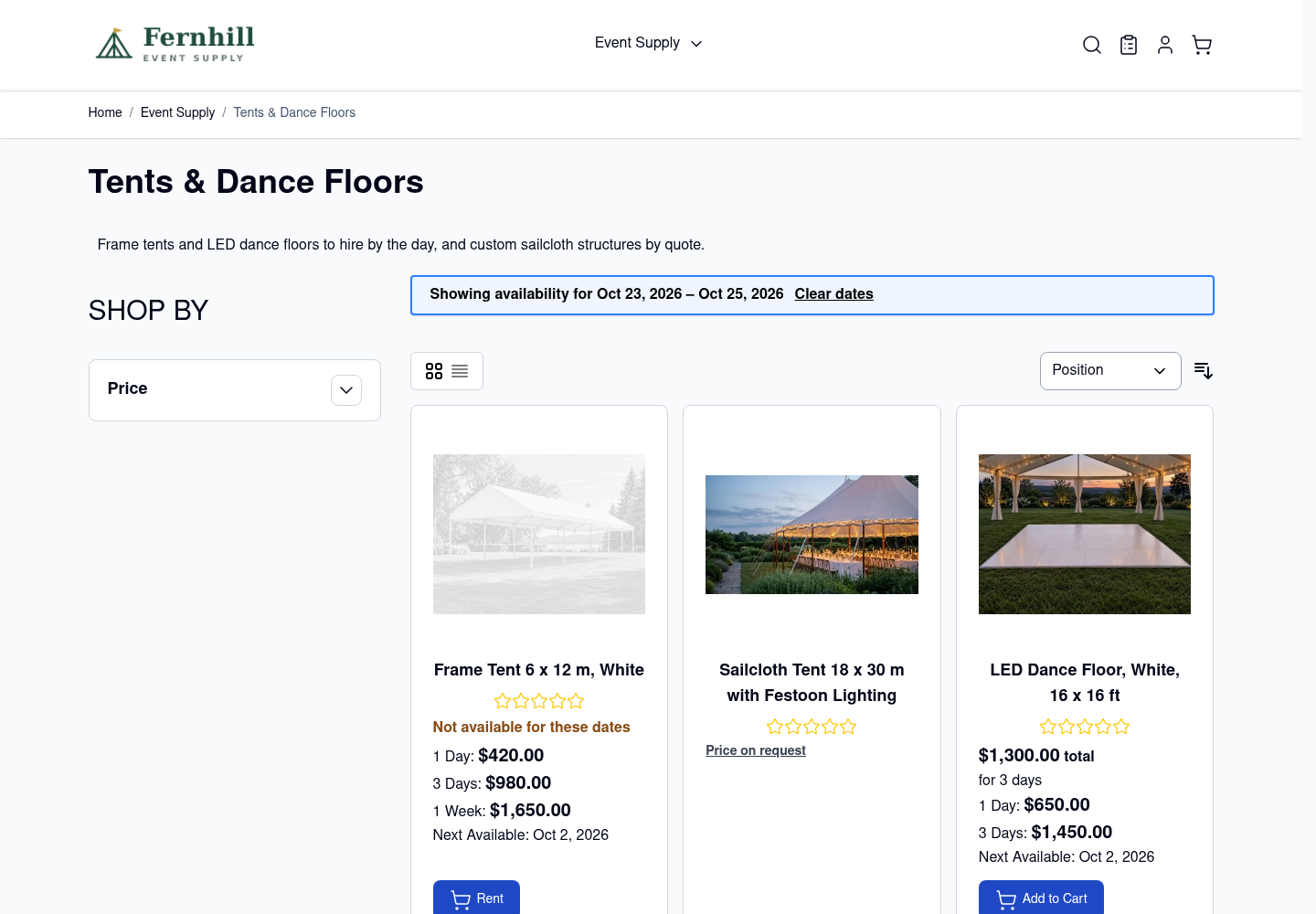 The Tents and Dance Floors category page on a Hyvä store with a bar saying Showing availability for Oct 23 2026 to Oct 25 2026 with a Clear dates link, the frame tent greyed with Not available for these dates, and the other products available