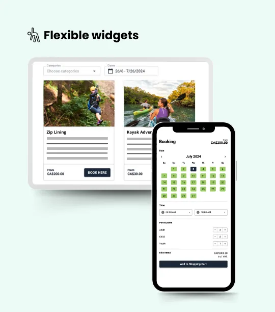 Checkfront booking widgets: a product catalogue with a date filter on a laptop and a booking calendar on a phone