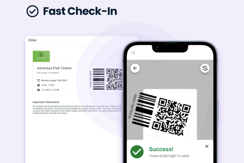A Checkfront e-ticket with a QR code, scanned as valid in the mobile app