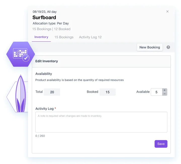 A Checkfront product inventory screen for surfboards: 20 in total, 15 booked and 5 available, with an activity log