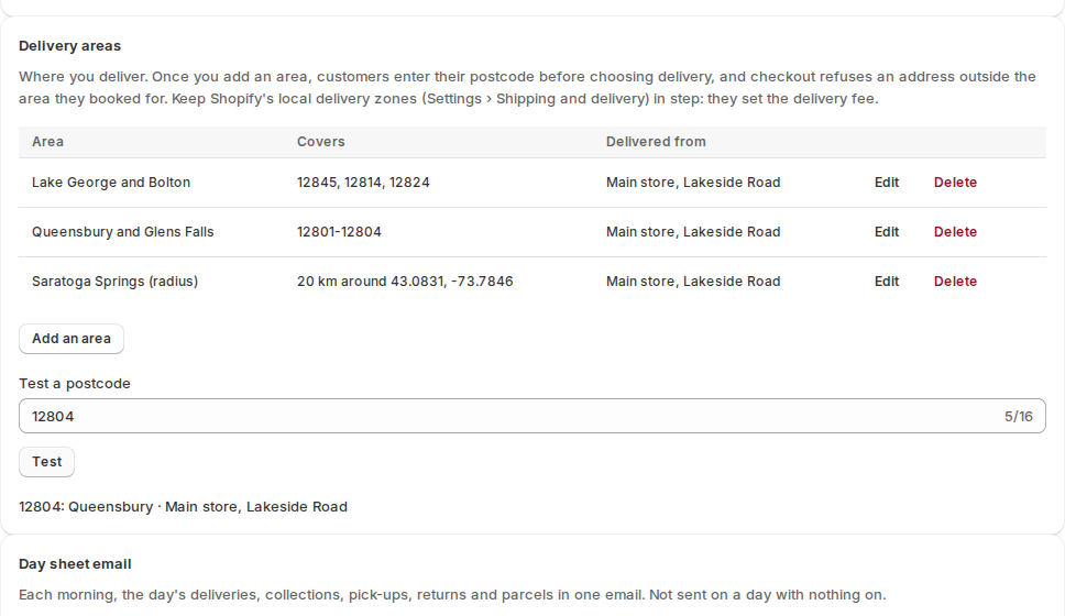 The Delivery areas card listing three areas with their postcodes and the location they are delivered from, and a Test a postcode box that answered 12804 is in Queensbury, delivered from Main store