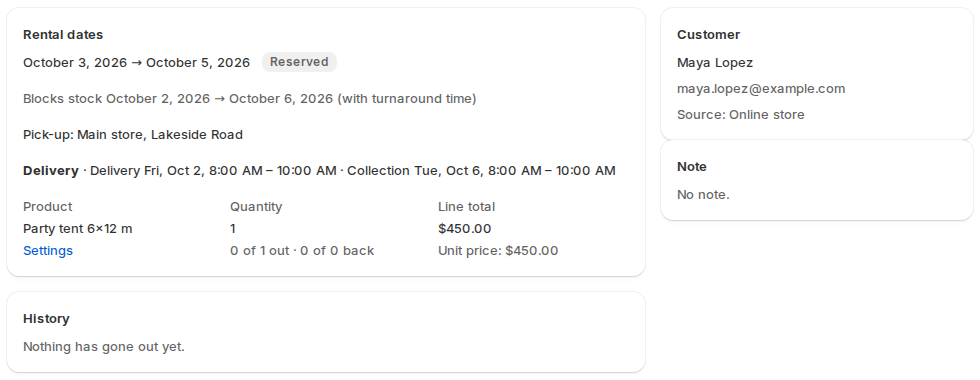 A booking with the rental dates, the pick-up location, the delivery on Fri Oct 2 between 8:00 AM and 10:00 AM and the collection on Tue Oct 6, and the customer card