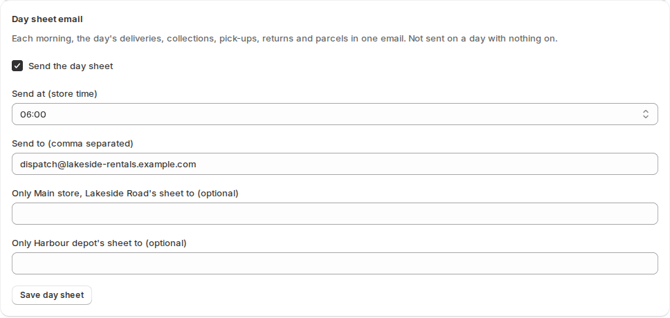 The Day sheet email card with Send the day sheet ticked, 06:00 as the time and one address to send to