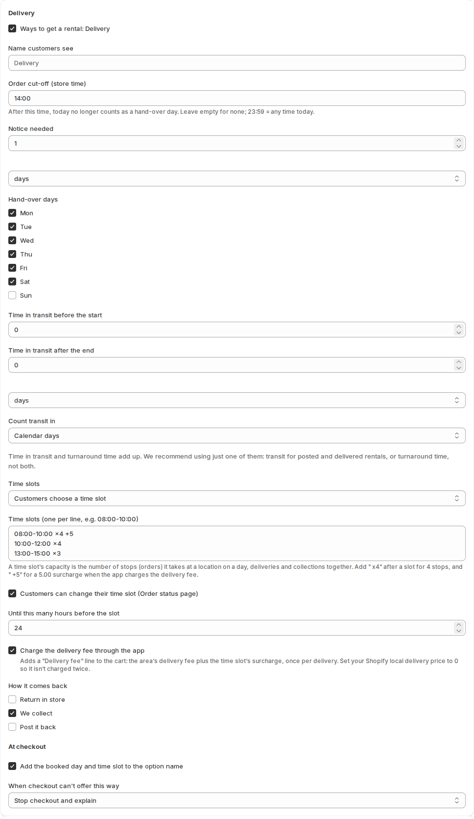 The Delivery section of Settings with the order cut-off, hand-over days, time slots 08:00-10:00 x4 +5, 10:00-12:00 x4 and 13:00-15:00 x3, customers can change their time slot and charge the delivery fee through the app