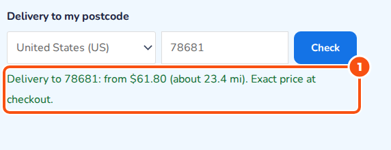 Delivery to my postcode on a product page: the country United States, the postcode 78681 and Check, with the answer from the Standard delivery table