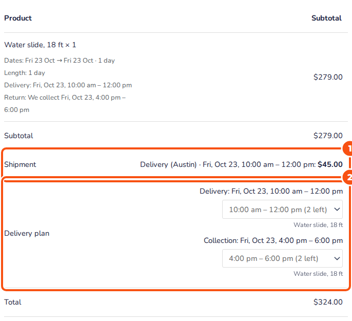The checkout order summary for an 18 ft water slide on Fri, Oct 23: the line says Delivery 10 AM to 12 PM and Return We collect 4 PM to 6 PM, the shipment is Delivery (Austin) for .00, and the Delivery plan lists the delivery and the collection, each with its slot menu
