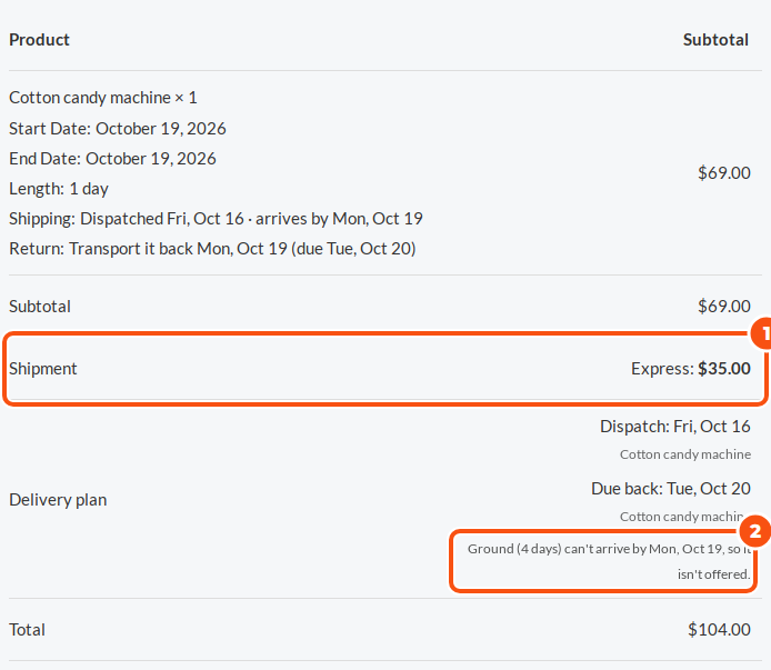 The checkout for a cotton candy machine transported for Mon, Oct 19: the line says dispatched Fri, Oct 16, arrives by Mon, Oct 19, transport it back Mon, Oct 19, due Tue, Oct 20; the shipment is Express at .00; and the Delivery plan says Ground (4 days) can't arrive by Mon, Oct 19, so it isn't offered