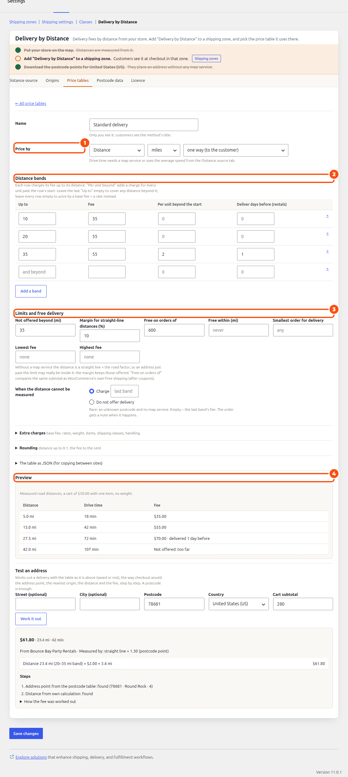 Editing the Standard delivery table: priced by distance in miles one way, three distance bands, limits and free delivery, the preview of 5, 15, 27.5 and 42 miles, and Test an address for 78681 with a 0 cart: .80, 23.4 mi, 62 min, with the steps