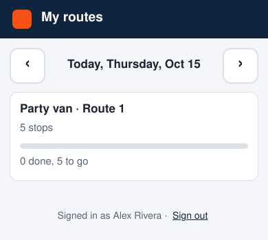 My routes: today, Thursday, Oct 15, with arrows for the day before and after, the route Party van, Route 1 with 5 stops and 0 done, 5 to go, and Signed in as Alex Rivera