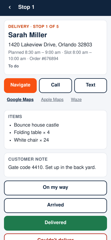 A stop: Delivery, stop 1 of 5, Sarah Miller, 1420 Lakeview Drive, the planned window and slot, the order number, Navigate, Call and Text, links for Google Maps, Apple Maps and Waze, the items, the customer note, and the buttons On my way, Arrived, Delivered and Couldn't deliver