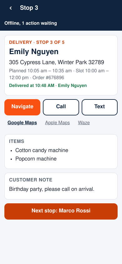A stop with the banner Offline, 1 action waiting: Emily Nguyen's delivery shows Delivered at 10:48 AM, with Next stop: Marco Rossi