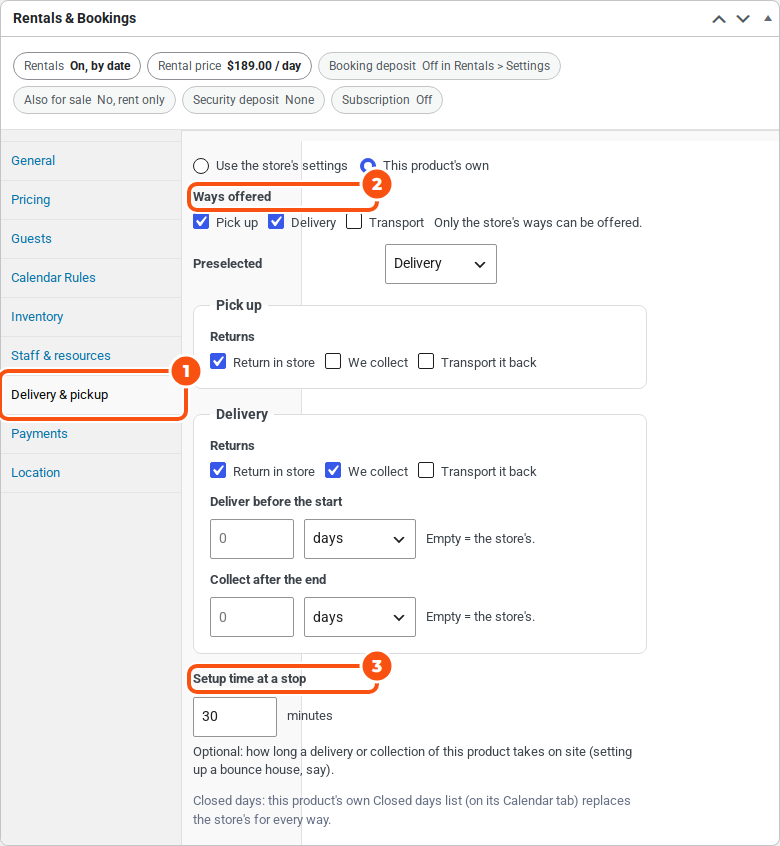 The Delivery and pickup tab of the Princess Inflatable product: This product's own is chosen, the ways offered are Pick up and Delivery (not Transport), Delivery is preselected, returns per way, deliver before the start and collect after the end left empty, and a setup time of 30 minutes