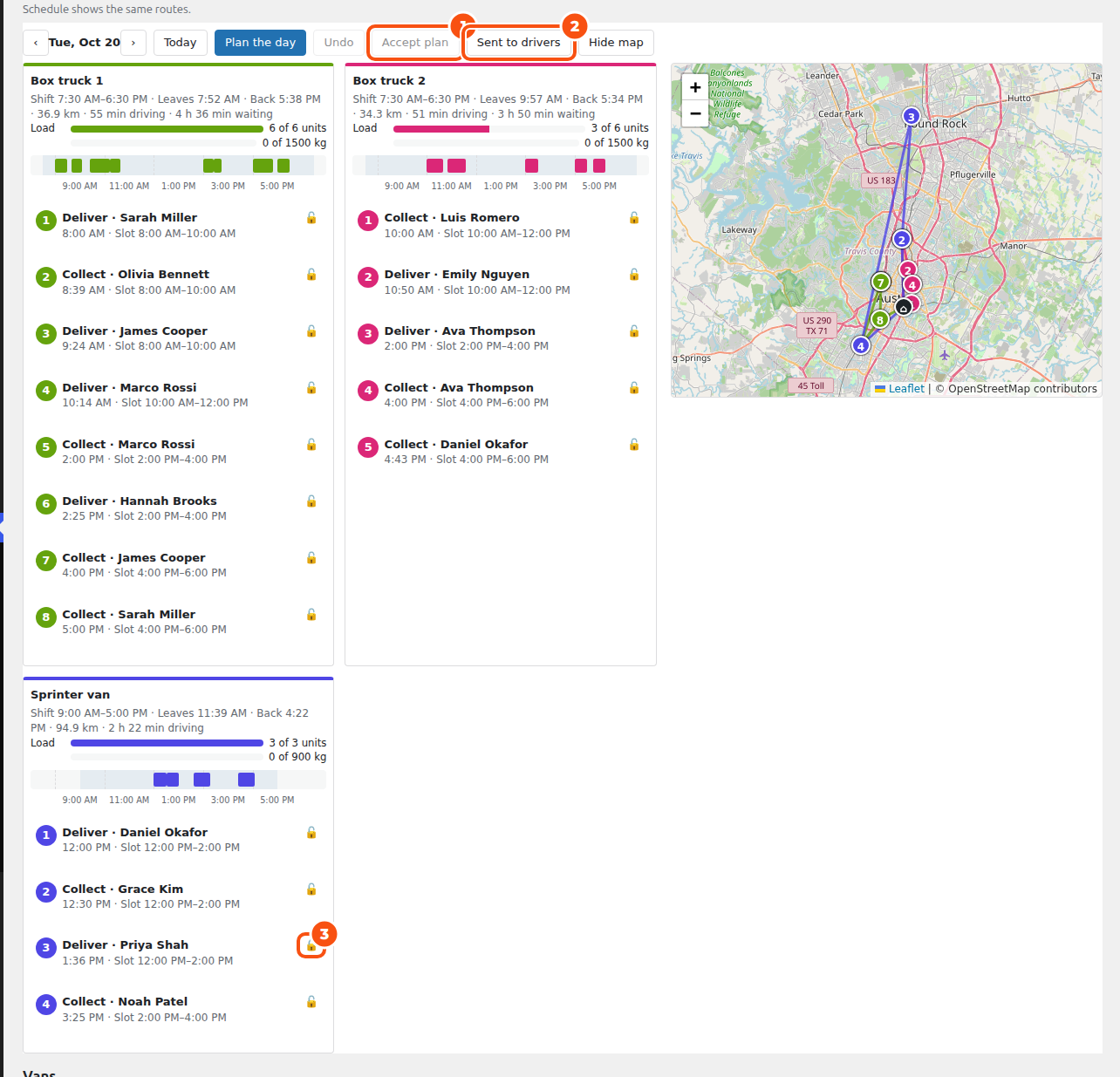 The route board after Accept plan and Send to drivers: Accept plan is greyed, the button reads Sent to drivers, Box truck 1 has 8 stops, Box truck 2 has 5 and the Sprinter van has 4 including Priya Shah's locked delivery, and the map shows the three routes