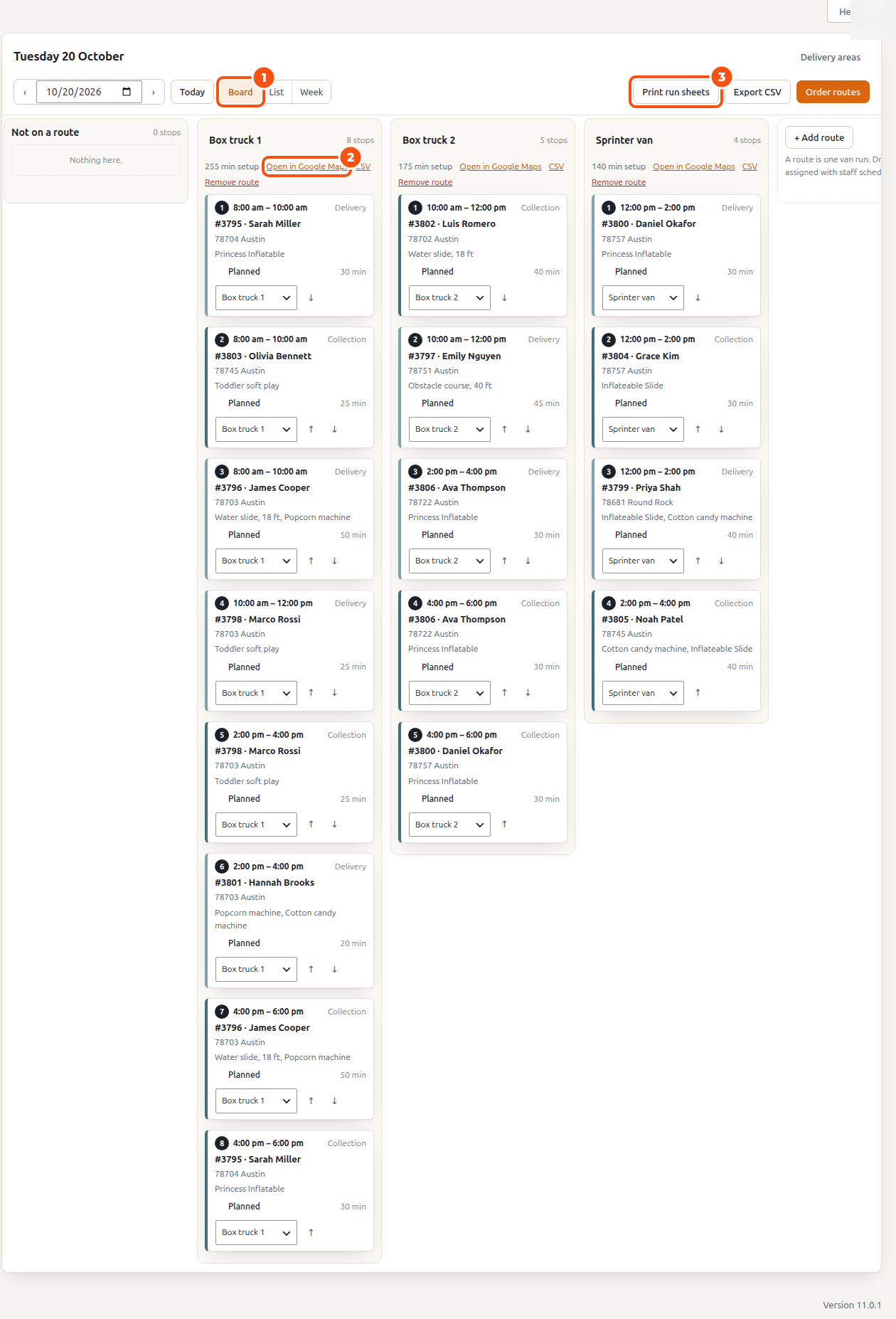 The Schedule board for Tuesday 20 October: Not on a route is empty; Box truck 1 has 8 stops, Box truck 2 has 5 and the Sprinter van has 4, each card with its planned window, order number and customer, postcode, items, status, setup minutes and a route menu; Print run sheets, Export CSV and Order routes at the top