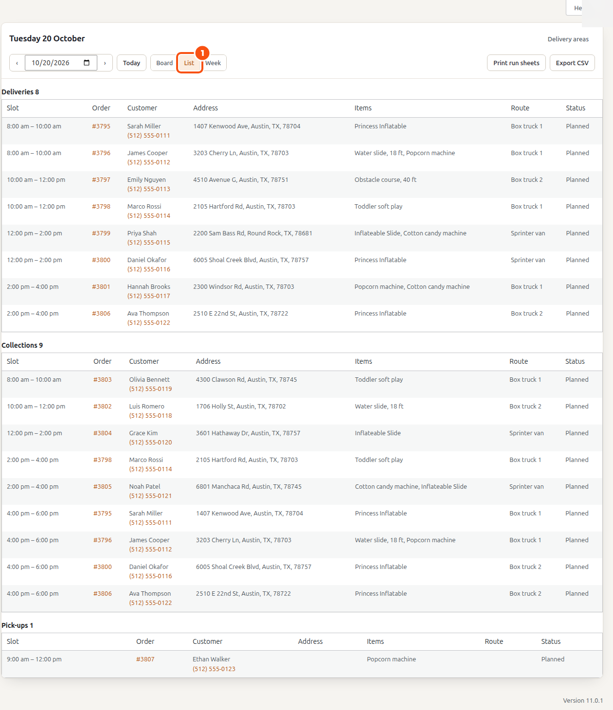 The Schedule as a list for Tuesday 20 October: Deliveries and Collections in tables with the slot, order, customer, address, items, route and status, then the counter's pick-ups