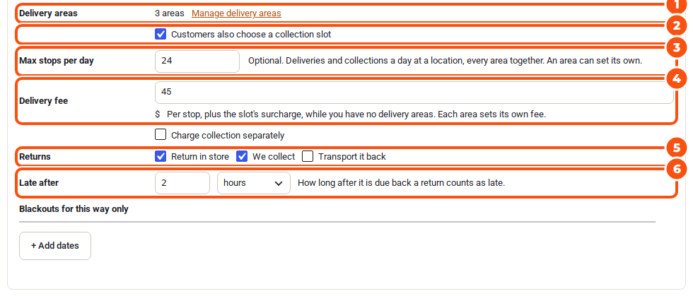 The rest of the Delivery box: Delivery areas 3 areas with Manage delivery areas, Customers also choose a collection slot, Max stops per day 24, the delivery fee per stop, Charge collection separately, returns We collect and Return in store, and a late time of 2 hours