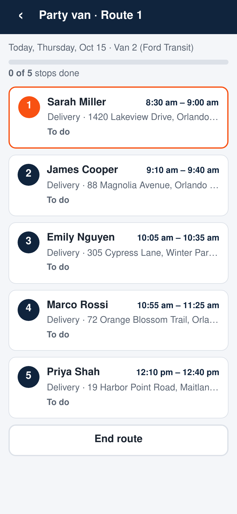 The driver app on a phone: Party van, Route 1, today, five stops in order for Sarah Miller, James Cooper, Emily Nguyen, Marco Rossi and Priya Shah, each with its address and planned window, and an End route button