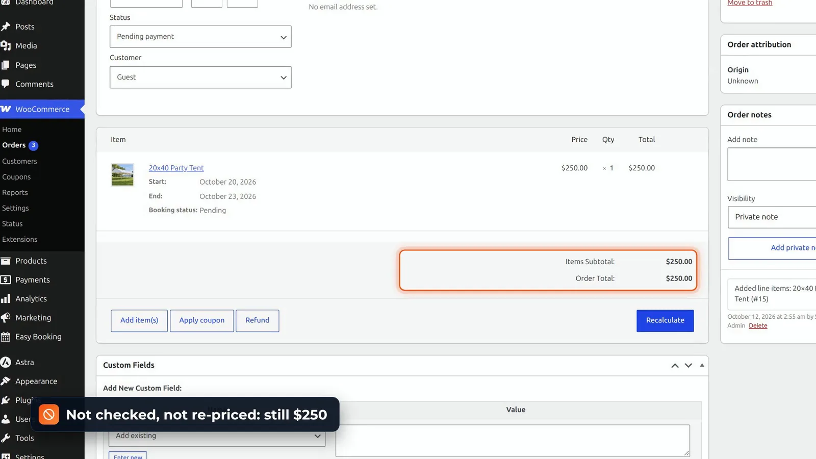 WooCommerce admin order with Easy Booking start and end dates on the tent line, saved on sold-out dates at 0.00