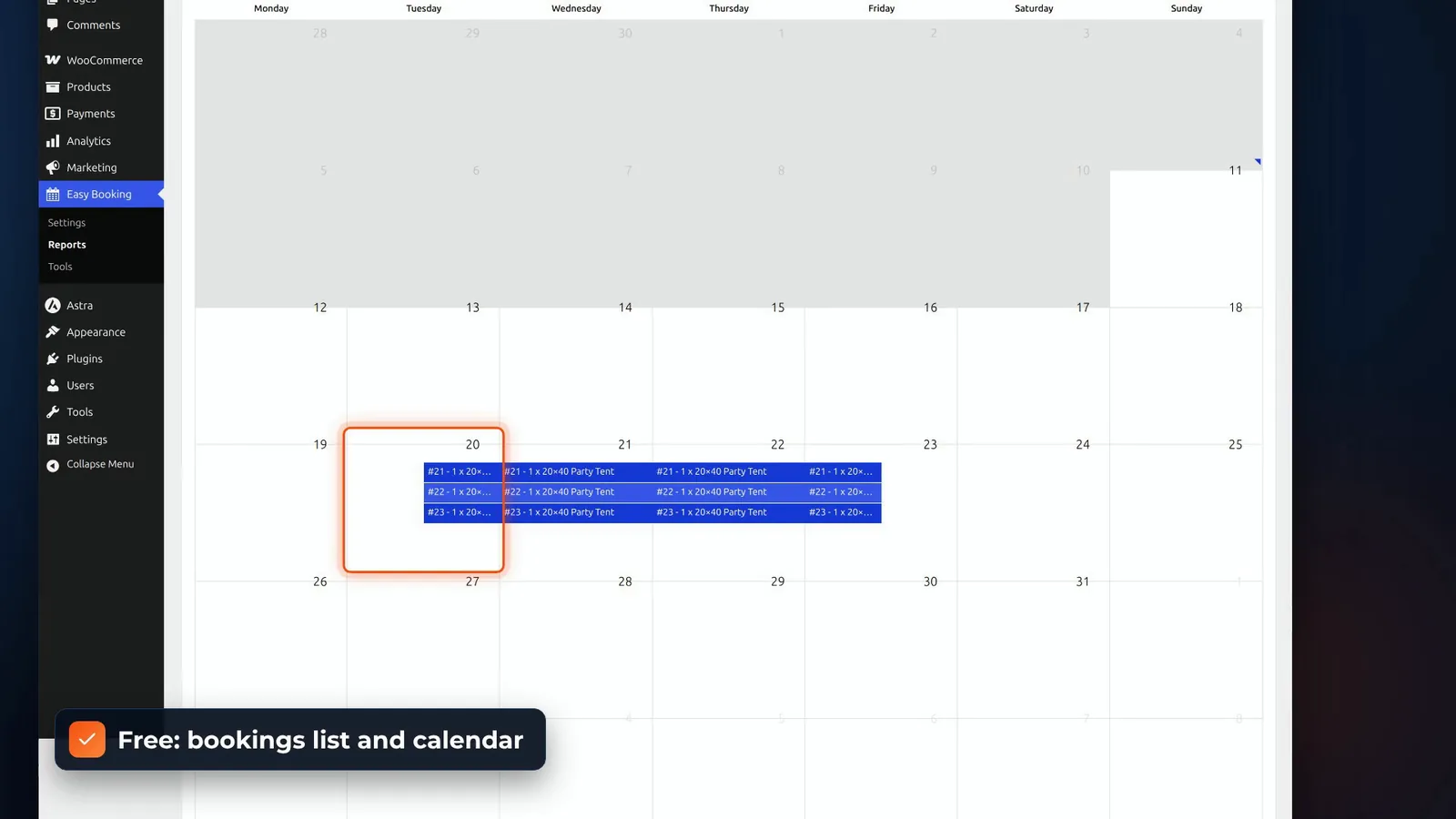 Easy Booking calendar of bookings in the WordPress admin with the three tent bookings on 20 to 23 October