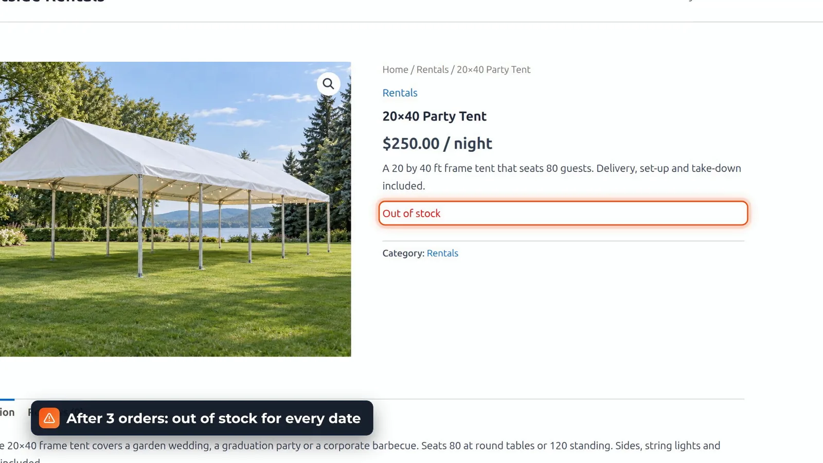 Easy Booking product page showing the party tent Out of stock after three orders