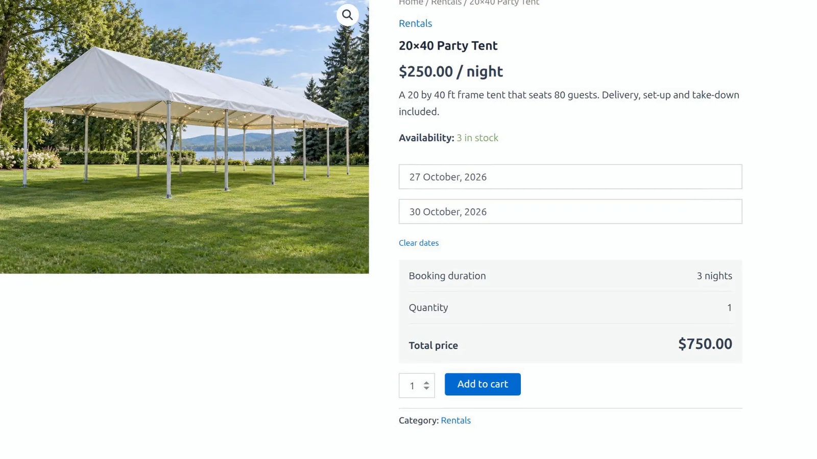 Easy Booking product page for the party tent with start and end dates, booking duration 3 nights and total price 0.00