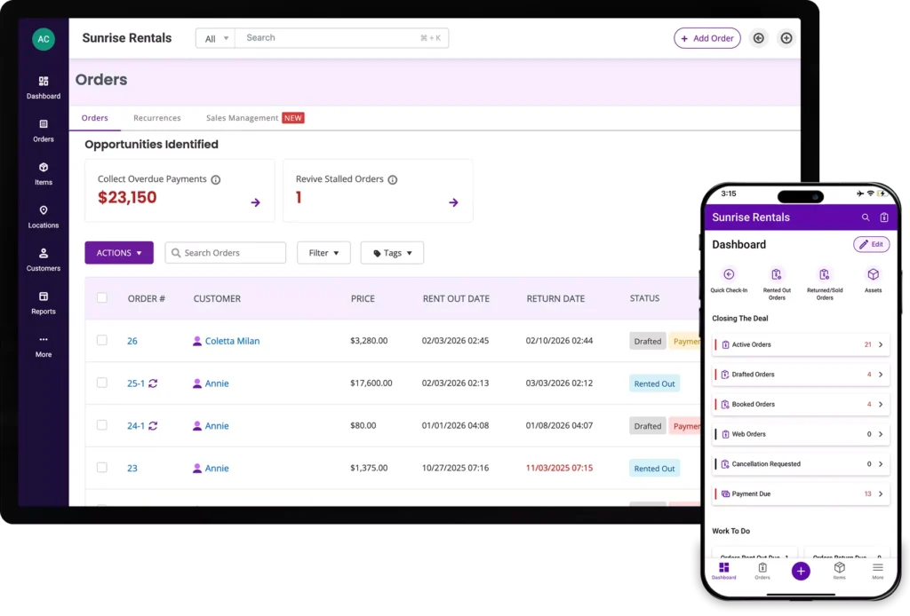 EZRentOut orders list with rent-out and return dates and statuses, next to the mobile app dashboard