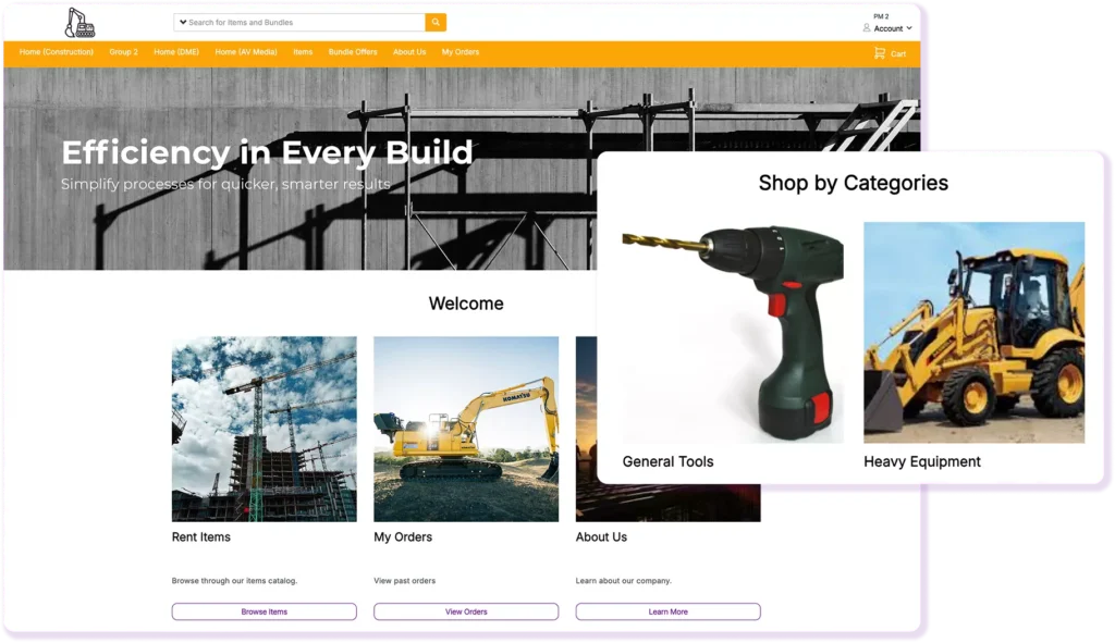 An EZRentOut webstore home page for a construction rental business, with category tiles