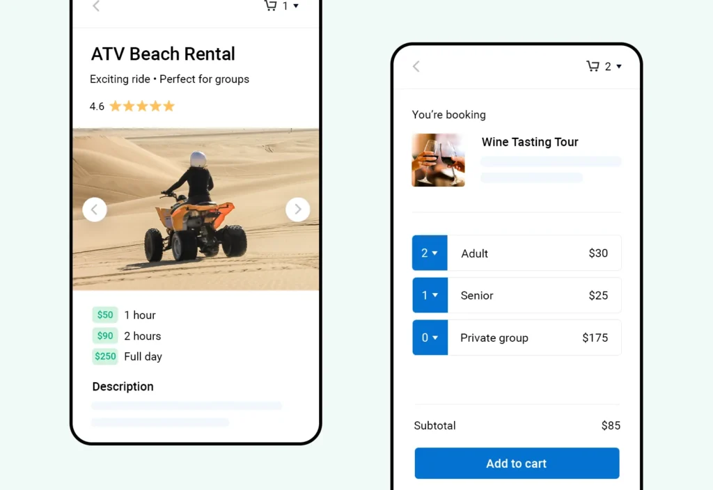 FareHarbor booking flow on a phone with adult, senior and private group customer types and a subtotal, next to a rental item priced by the hour