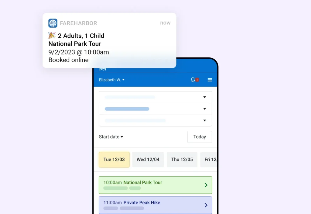 FareHarbor app push notification of a new online booking for a park tour, over the staff app’s day schedule