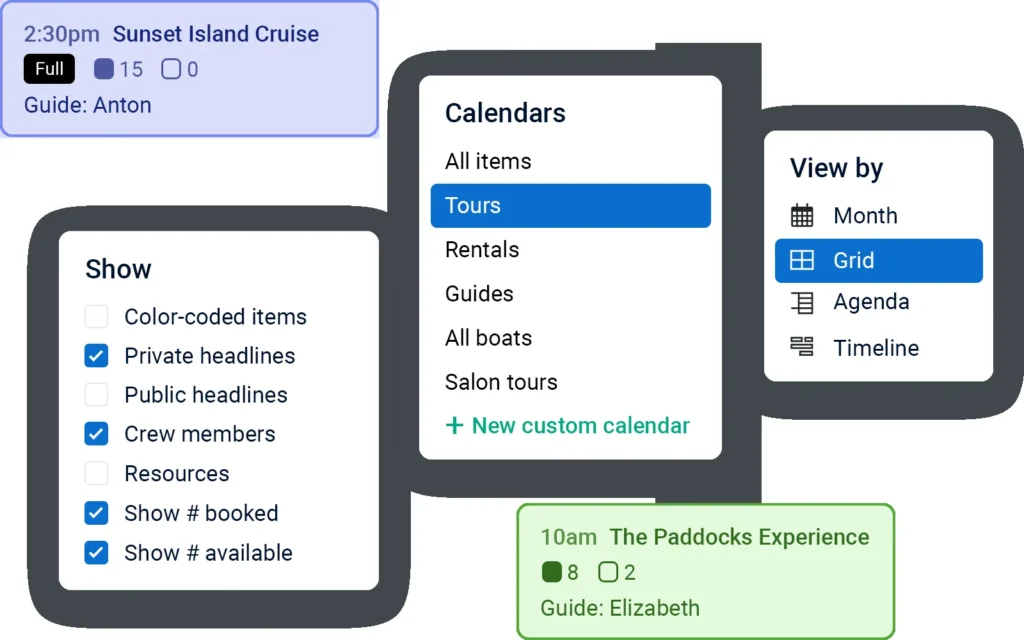 FareHarbor calendar options: custom calendars for tours, rentals and guides, a grid view, and availabilities showing seats booked, seats left and the guide