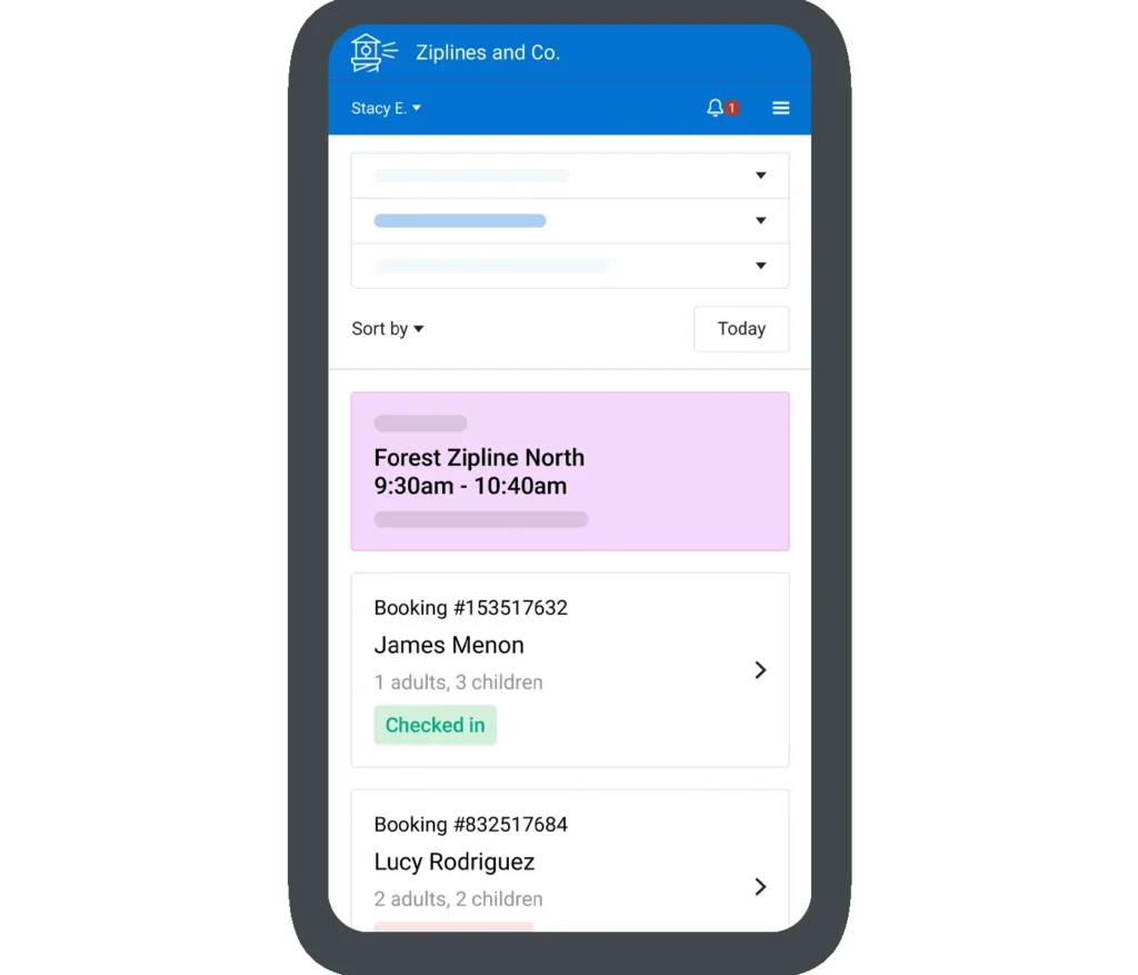 FareHarbor manifest on a phone for a zipline time slot, with each booking’s party and a Checked in label