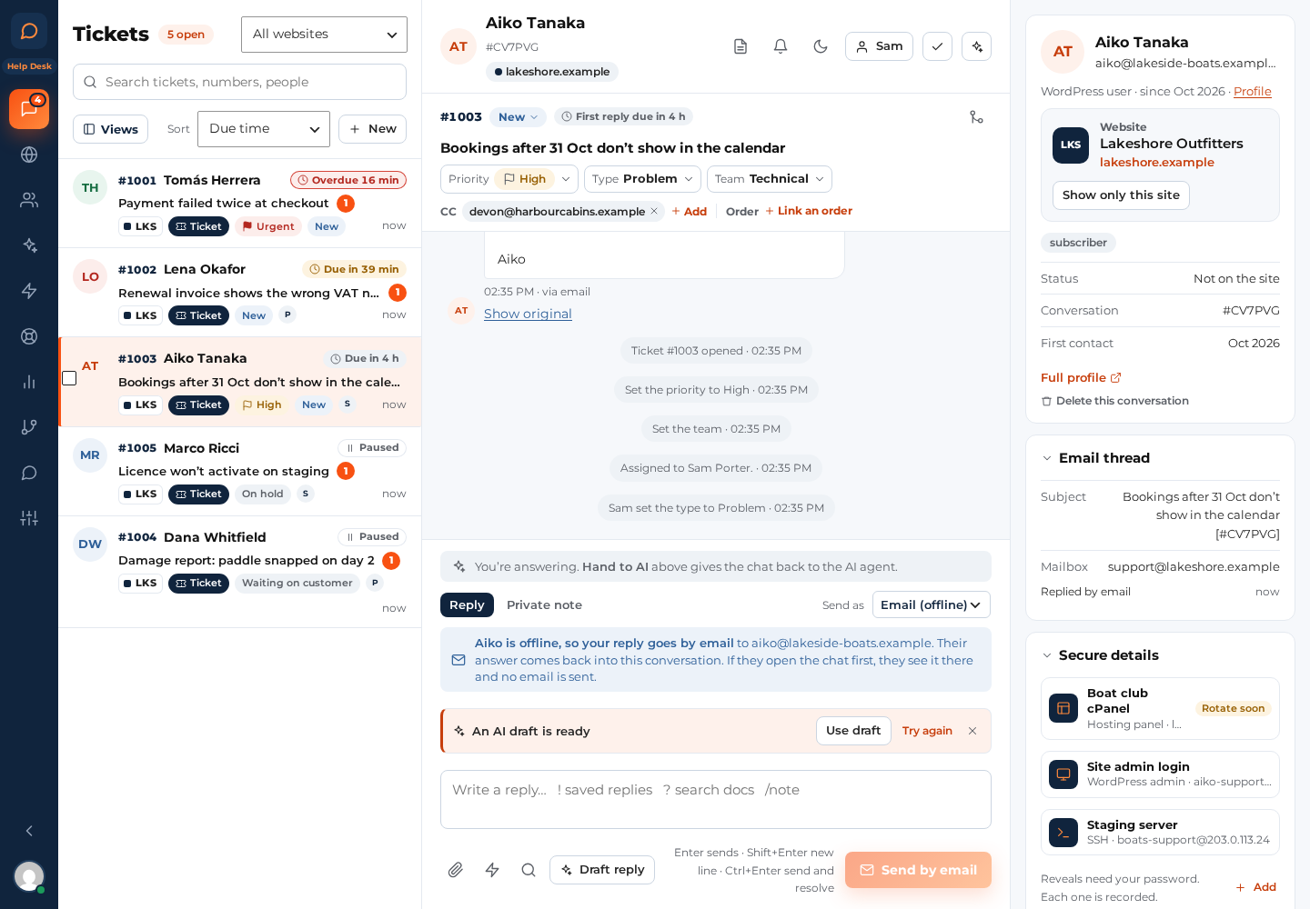 A draft waiting above the reply box, with Use draft, Try again and Discard.