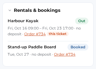 The Rentals & bookings card, with the booking this ticket is about marked.