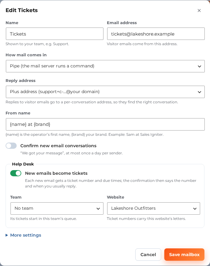 A mailbox with "New emails become tickets" switched on, a team and a website.