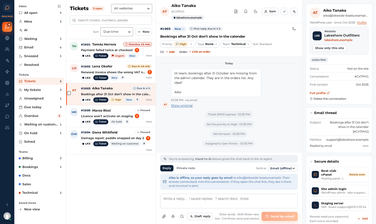 The inbox with the views column and a list of tickets.