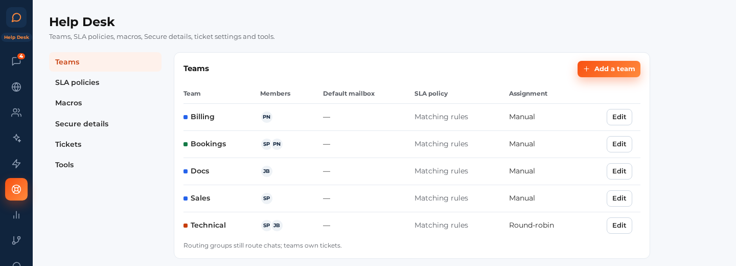 The Teams list and the team editor.