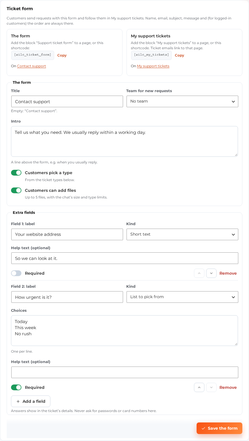 Help Desk › Tickets › Ticket form, with the form options and extra fields.